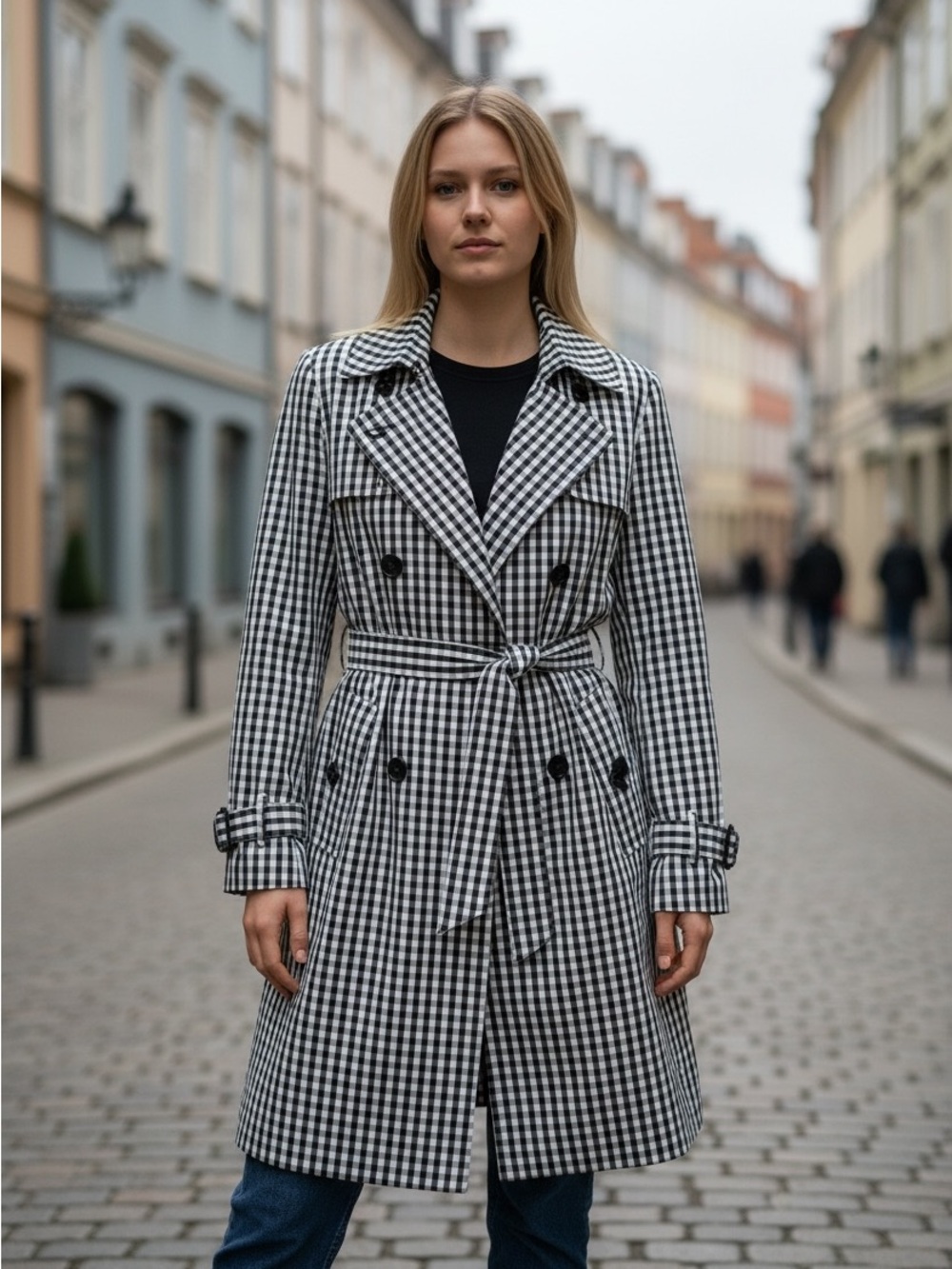 White House Black Market Black and White Gingham Trench Coat